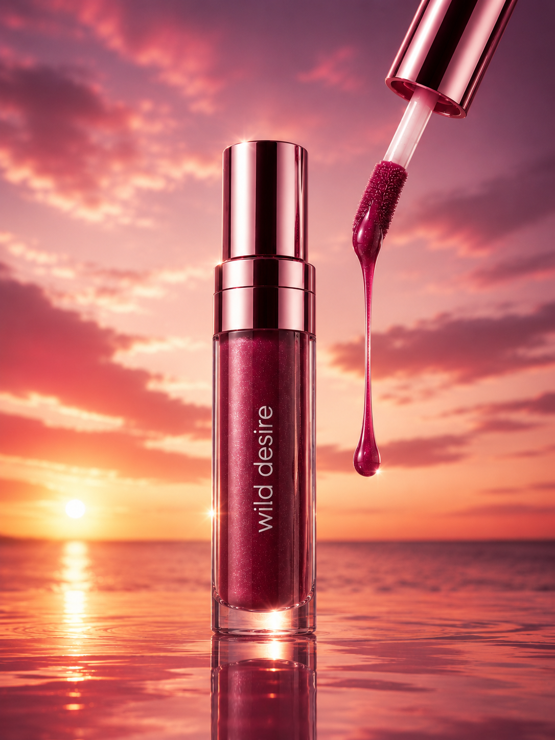 Deep Pleasure bottle at sunset by the sea.